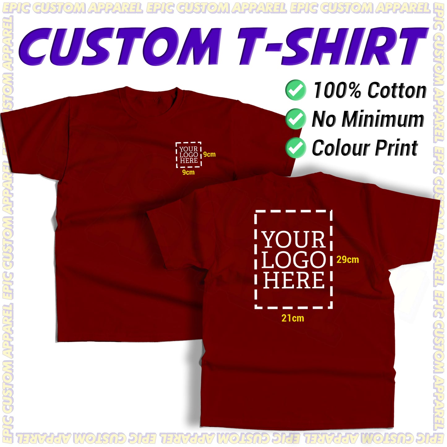 Business Logo Front Back Custom Printing Full Color Graphic Tee 100% Cotton Unisex T-Shirt Baju Kapas Sejuk