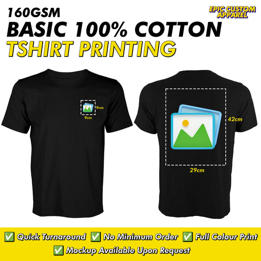 100% Cotton Front Back Custom Printing Business Logo Full Color Graphic Tee Unisex T-Shirt Baju Kapas Sejuk [FLC + A3]