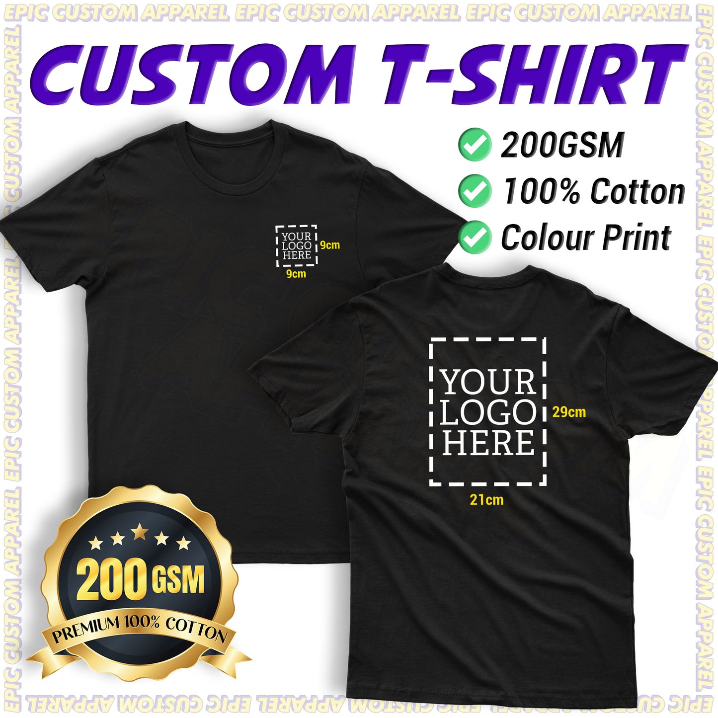 Business Logo 200gsm Premium Tshirt Front Back Kain Tebal 100% Cotton Unisex Custom Printing T-Shirt