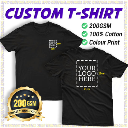 Business Logo 200gsm Premium Tshirt Front Back Kain Tebal 100% Cotton Unisex Custom Printing T-Shirt
