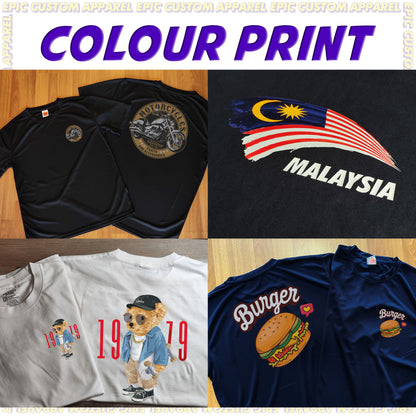 Business Logo Front Back Custom Printing Full Color Graphic Tee 100% Cotton Unisex T-Shirt Baju Kapas Sejuk