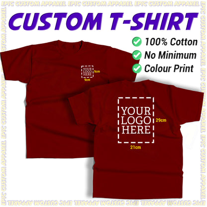 Business Logo Front Back Custom Printing Full Color Graphic Tee 100% Cotton Unisex T-Shirt Baju Kapas Sejuk