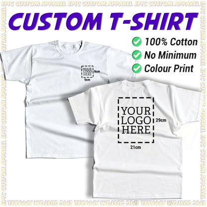 Business Logo Front Back Custom Printing Full Color Graphic Tee 100% Cotton Unisex T-Shirt Baju Kapas Sejuk