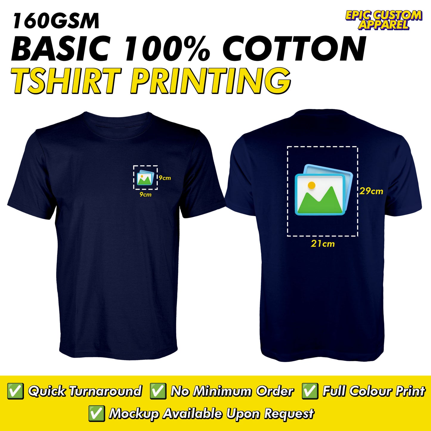 Basic 100% Cotton 160gsm Front Back Custom Printing Logo Full Color Graphic Tee Unisex T-Shirt Baju Kapas Sejuk [FLC + A4]