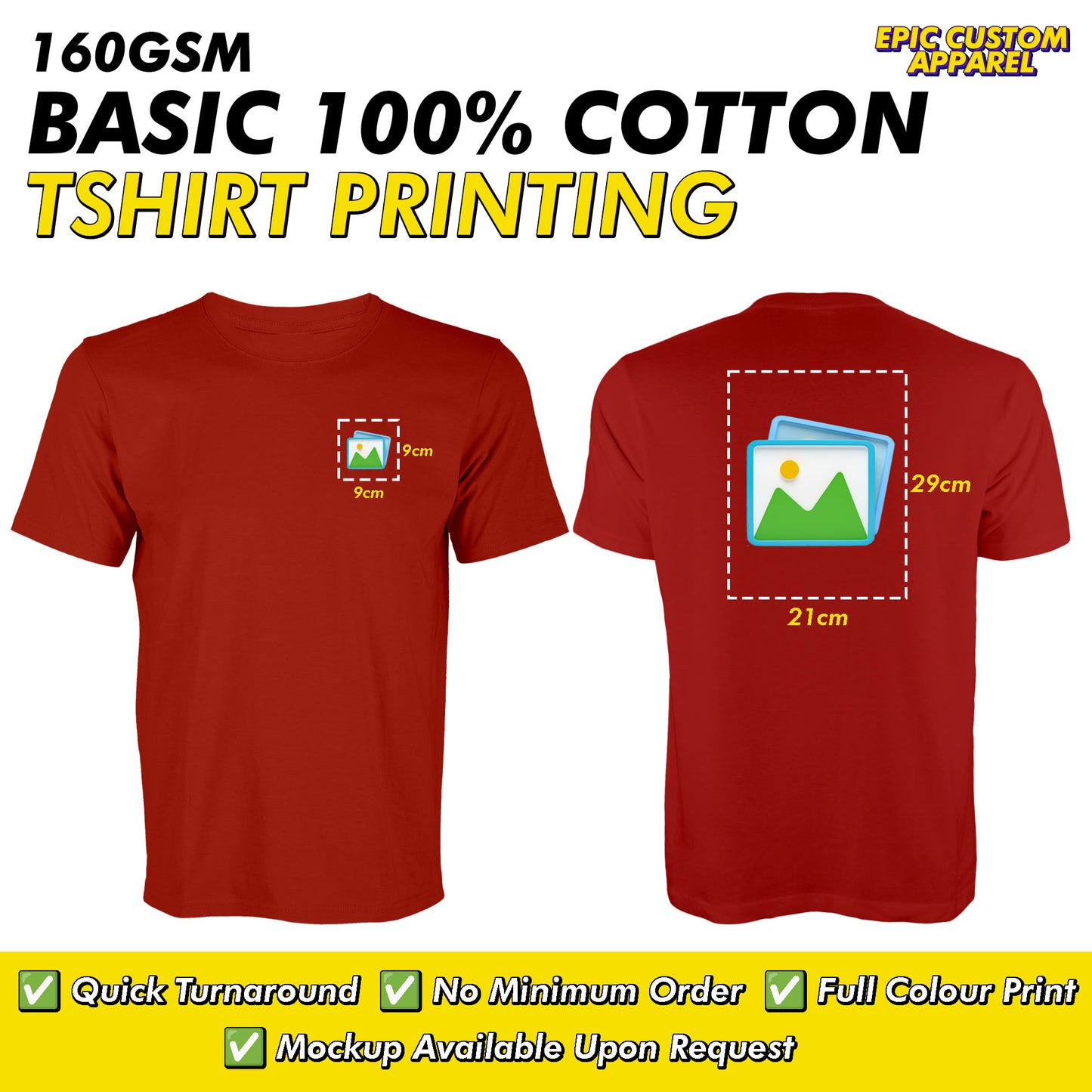 Basic 100% Cotton 160gsm Front Back Custom Printing Logo Full Color Graphic Tee Unisex T-Shirt Baju Kapas Sejuk [FLC + A4]