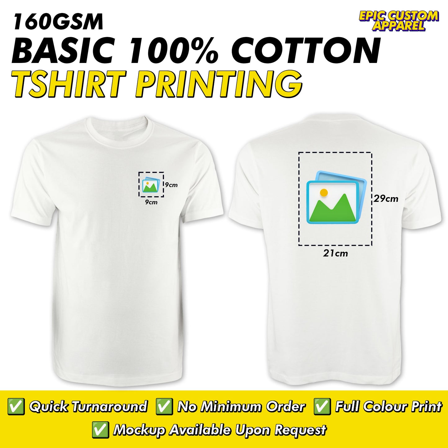 Basic 100% Cotton 160gsm Front Back Custom Printing Logo Full Color Graphic Tee Unisex T-Shirt Baju Kapas Sejuk [FLC + A4]