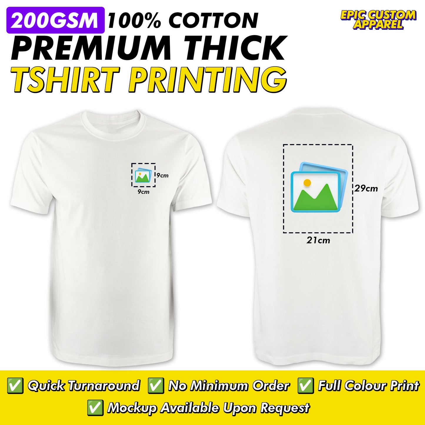 Premium 100% Cotton 200gsm Front Back Custom Printing Business Logo Color Graphic Tee T-Shirt Baju Kapas [FLC + A4]